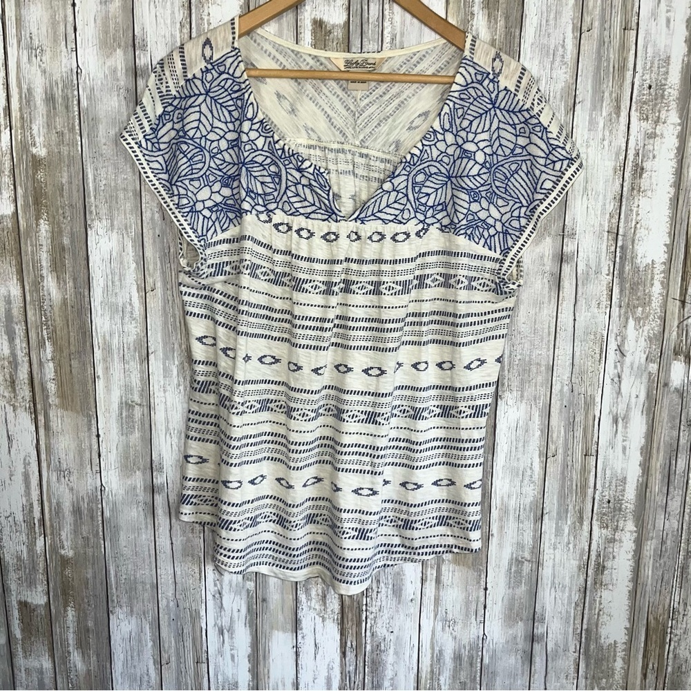 Lucky Brand Santorini Embroidered Boho Cotton Blue White Blouse Large - Picture 2 of 5